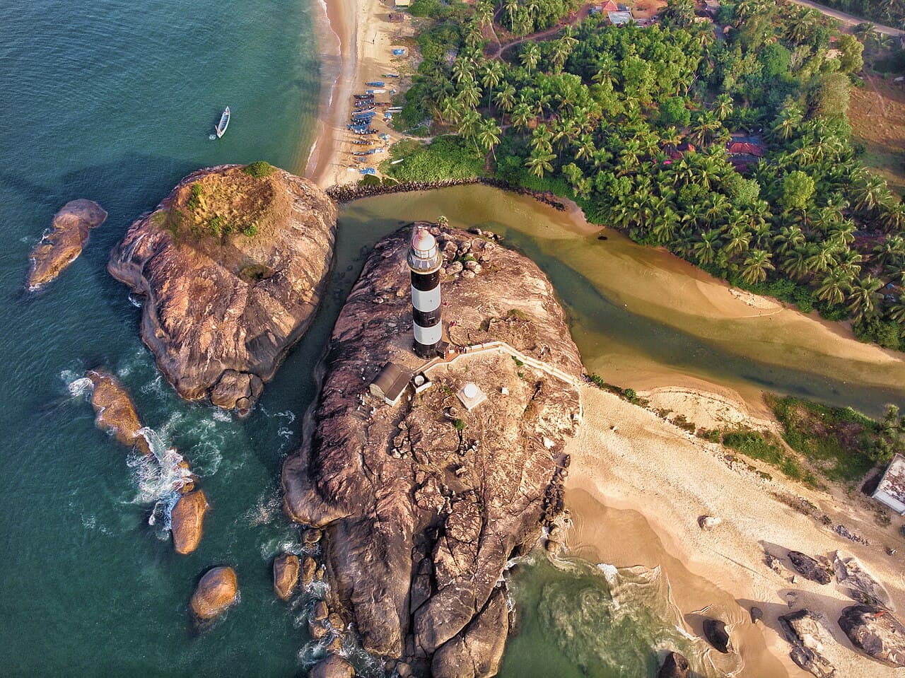 Aerial view of Kapu Beach lighthouse and coastline in Udupi, Karnataka - RV Tours & Travels