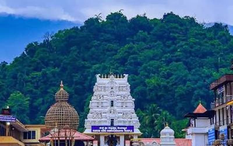 Kukke Sri Subrahmanya Temple Gopuram with Western Ghats Mountain Backdrop