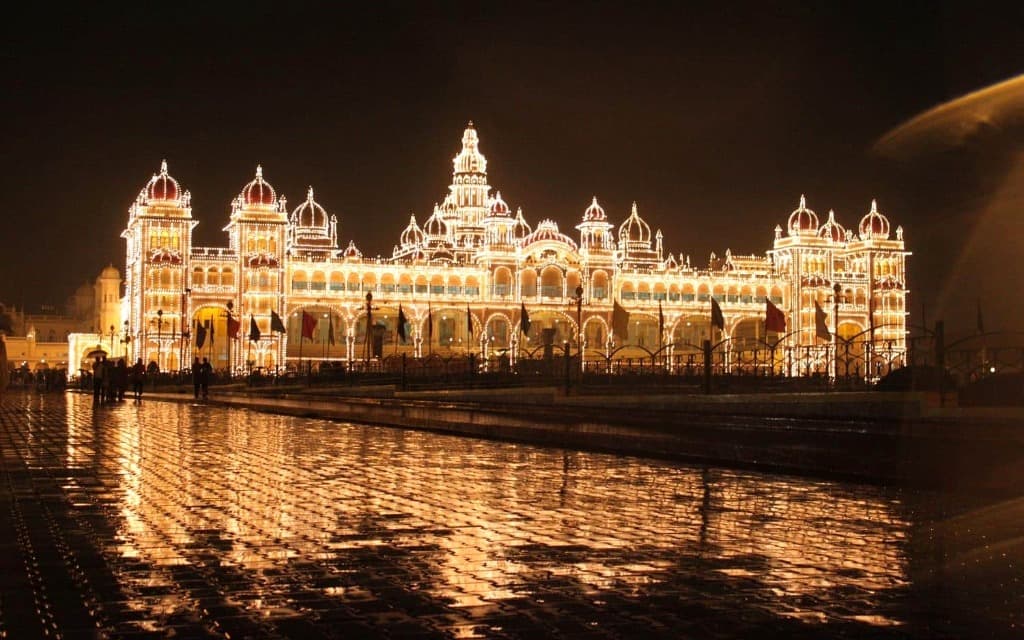 Mysore Royal Palace Grand Night Illumination Reflected on Wet Courtyard